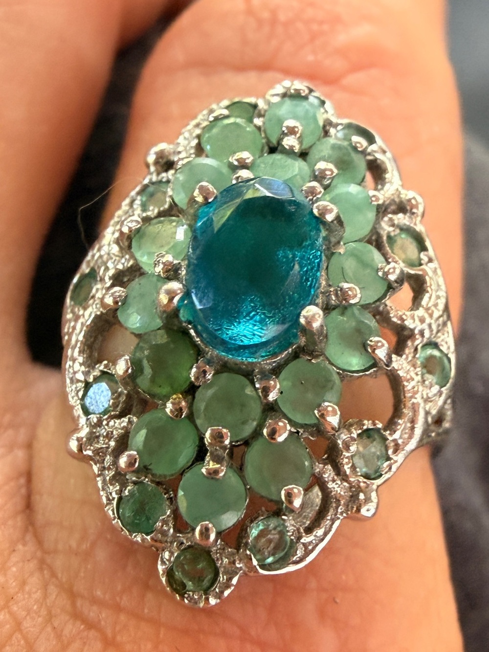 Ethiopian Blue Opal & Emerald vintage 
Ring 925 Silver 14K WG Sz8.5 - Picture 12 of 17